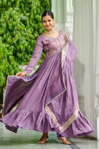 Stunning Lavender Embroidered Silk Flared Gown With Dupatta