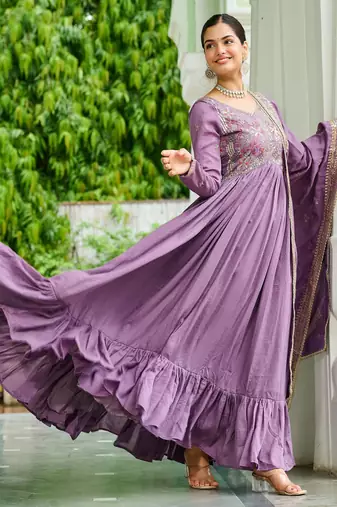 Stunning Lavender Embroidered Silk Flared Gown With Dupatta