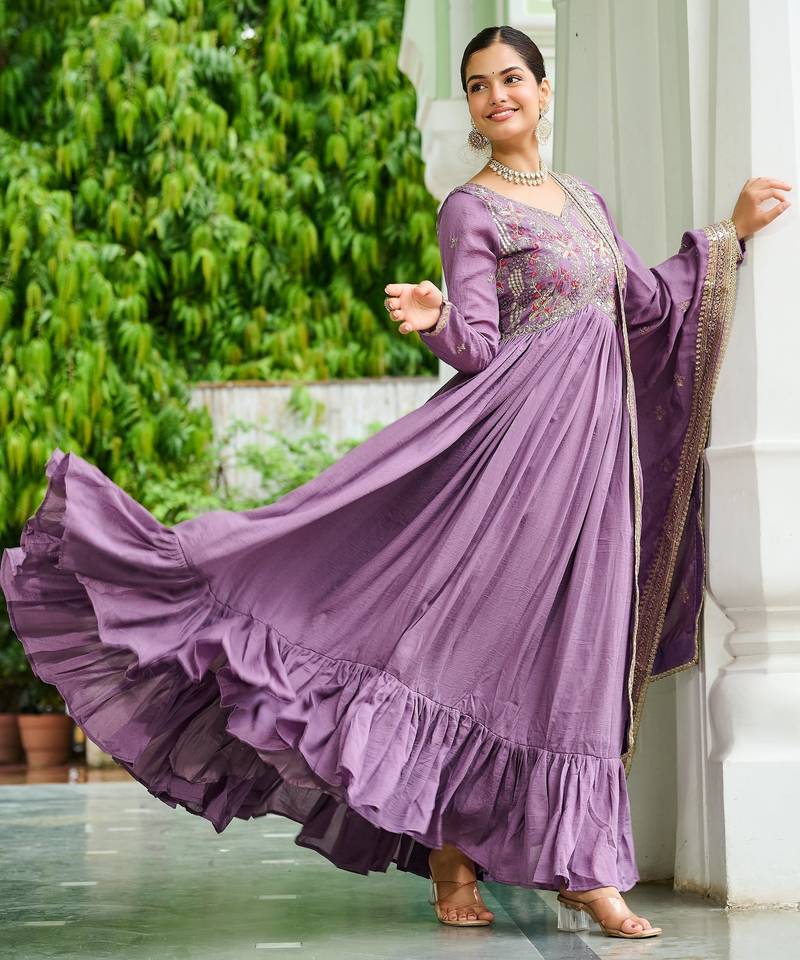 Stunning Lavender Embroidered Silk Flared Gown With Dupatta