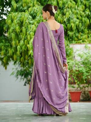 Stunning Lavender Embroidered Silk Flared Gown With Dupatta 5