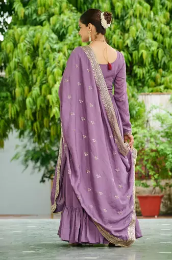 Stunning Lavender Embroidered Silk Flared Gown With Dupatta