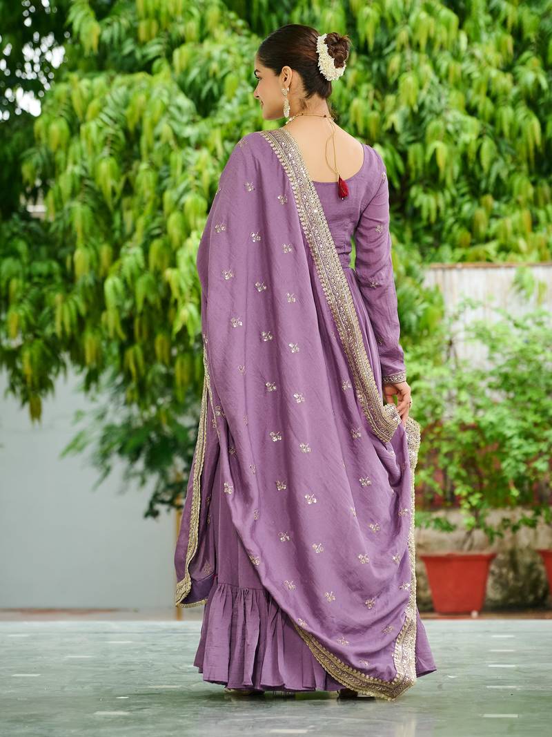 Stunning Lavender Embroidered Silk Flared Gown With Dupatta