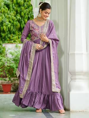 Stunning Lavender Embroidered Silk Flared Gown With Dupatta 6