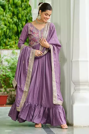Stunning Lavender Embroidered Silk Flared Gown With Dupatta