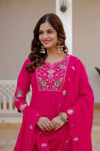 Rani PInk Color Embroidery Sequins with Hand Work Viscose Silk Kurta Pent Set