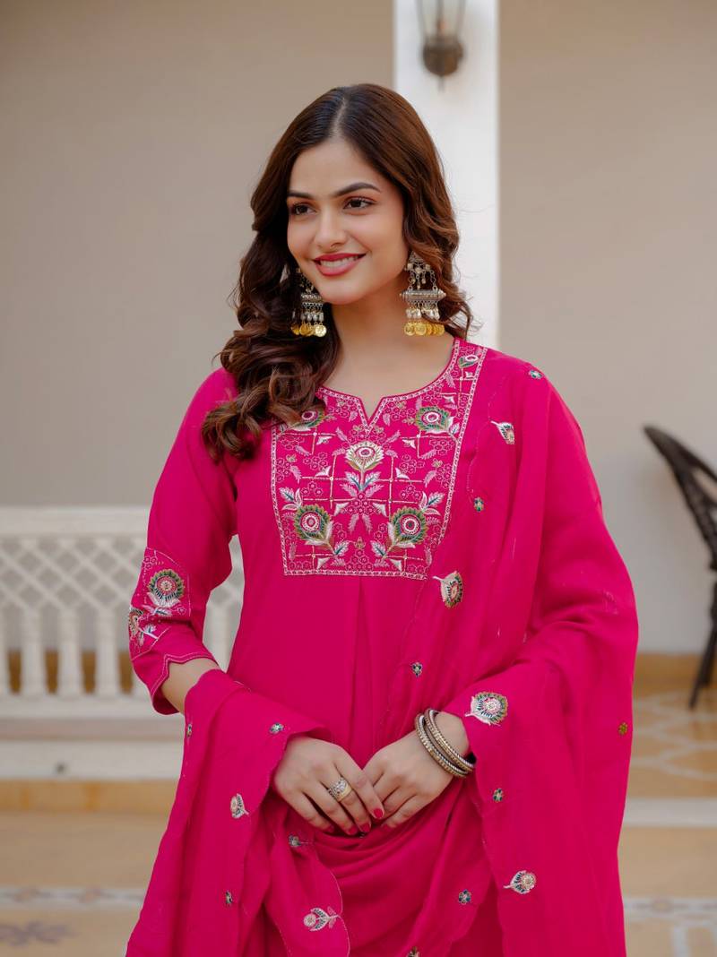 Rani PInk Color Embroidery Sequins with Hand Work Viscose Silk Kurta pant Set