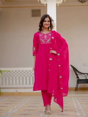 Rani PInk Color Embroidery Sequins with Hand Work Viscose Silk Kurta Pent Set 1