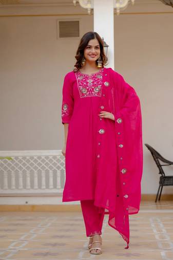Rani PInk Color Embroidery Sequins with Hand Work Viscose Silk Kurta pant Set