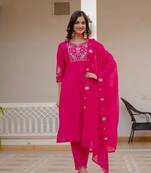 Rani PInk Color Embroidery Sequins with Hand Work Viscose Silk Kurta pant Set