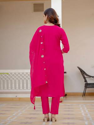 Rani PInk Color Embroidery Sequins with Hand Work Viscose Silk Kurta Pent Set 3