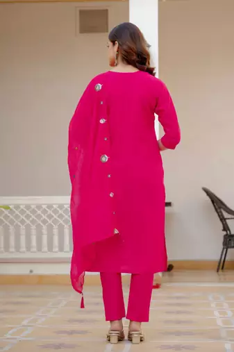 Rani PInk Color Embroidery Sequins with Hand Work Viscose Silk Kurta Pent Set