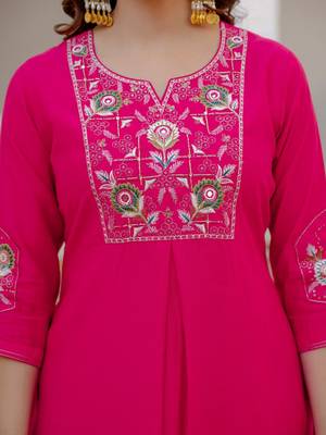 Rani PInk Color Embroidery Sequins with Hand Work Viscose Silk Kurta Pent Set 4