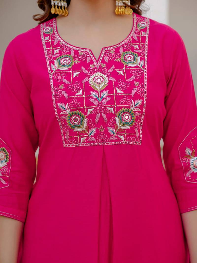 Rani PInk Color Embroidery Sequins with Hand Work Viscose Silk Kurta pant Set