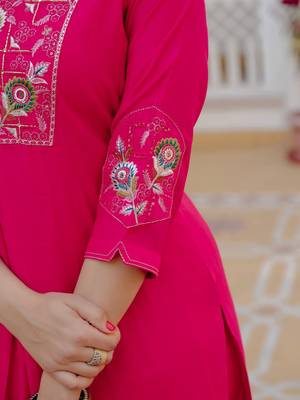 Rani PInk Color Embroidery Sequins with Hand Work Viscose Silk Kurta Pent Set 5