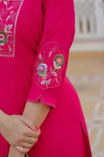Rani PInk Color Embroidery Sequins with Hand Work Viscose Silk Kurta Pent Set