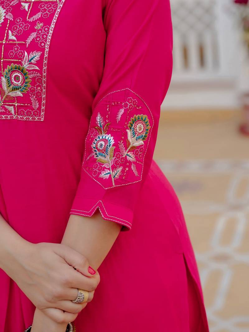 Rani PInk Color Embroidery Sequins with Hand Work Viscose Silk Kurta pant Set