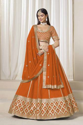 Orange Art Silk Heavy Thread Embroidery With Sequins Work Lehenga Choli
