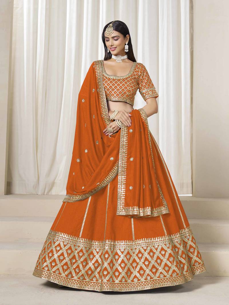 Orange Art Silk Heavy Thread Embroidery With Sequins Work Lehenga Choli