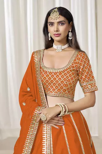 Orange Art Silk Heavy Thread Embroidery With Sequins Work Lehenga Choli