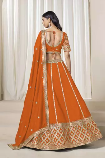 Orange Art Silk Heavy Thread Embroidery With Sequins Work Lehenga Choli