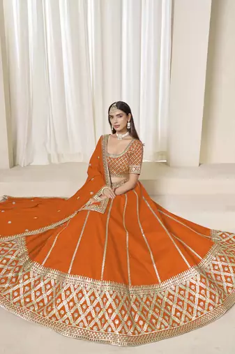 Orange Art Silk Heavy Thread Embroidery With Sequins Work Lehenga Choli