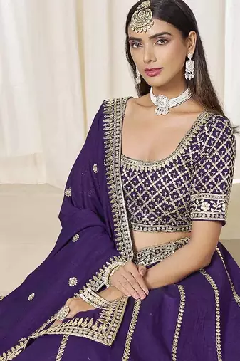 Violet Art Silk Heavy Thread Embroidery With Sequins Work Lehenga Choli