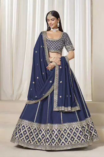 Navy Blue Art Silk Heavy Thread Embroidery With Sequins Work Lehenga Choli