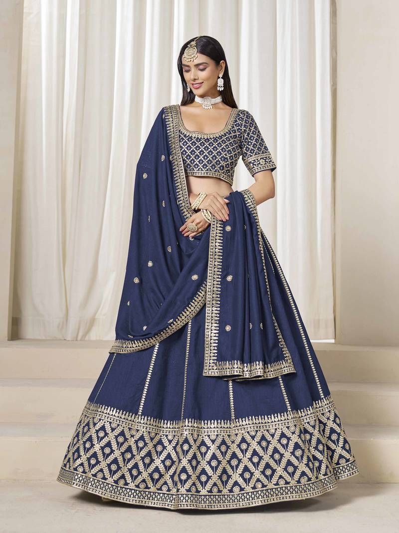 Navy Blue Art Silk Heavy Thread Embroidery With Sequins Work Lehenga Choli