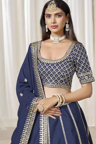 Navy Blue Art Silk Heavy Thread Embroidery With Sequins Work Lehenga Choli