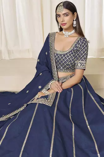 Navy Blue Art Silk Heavy Thread Embroidery With Sequins Work Lehenga Choli