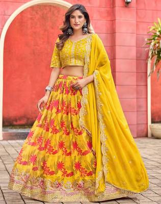 Mustard Taby Silk Print With Heavy Thread Embroidery Sequins Work Lehenga Choli 1