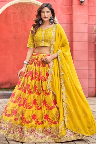 Mustard Taby Silk Print With Heavy Thread Embroidery Sequins Work Lehenga Choli