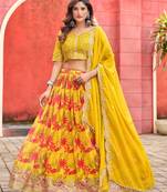 Mustard Taby Silk Print With Heavy Thread Embroidery Sequins Work Lehenga Choli
