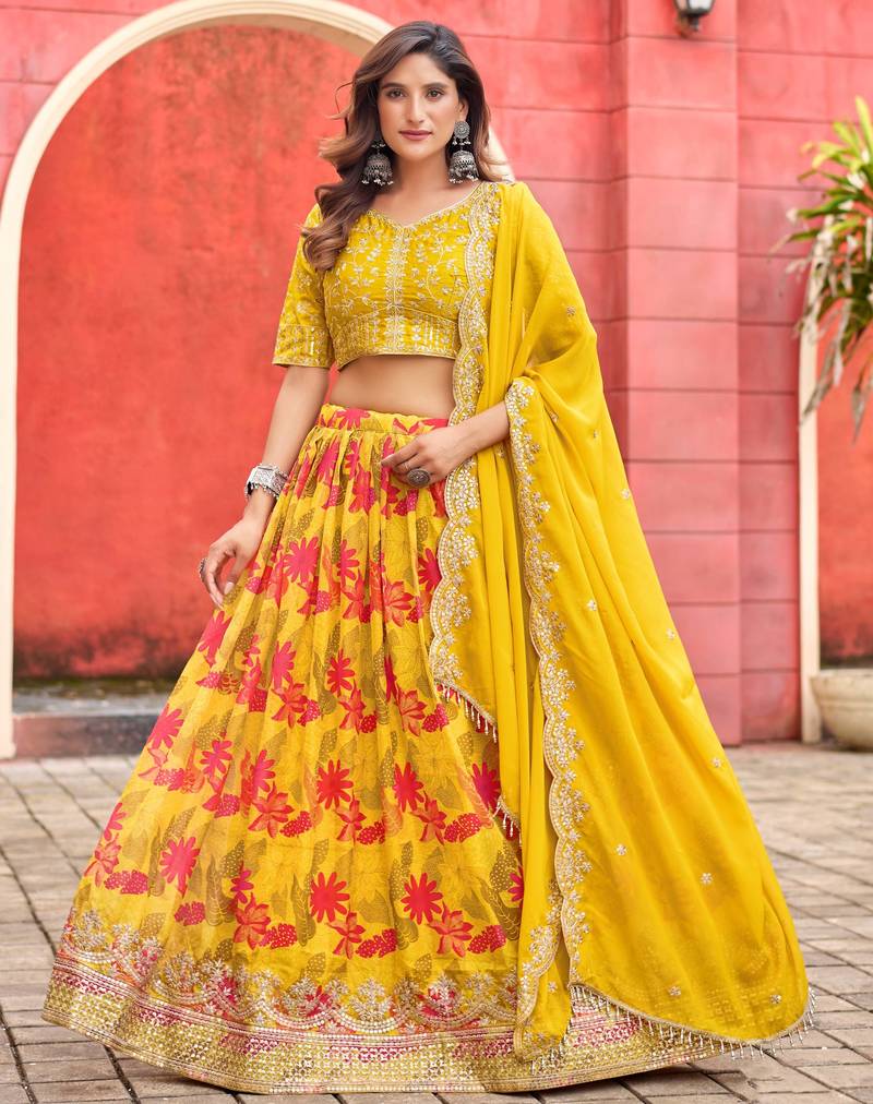 Mustard Taby Silk Print With Heavy Thread Embroidery Sequins Work Lehenga Choli