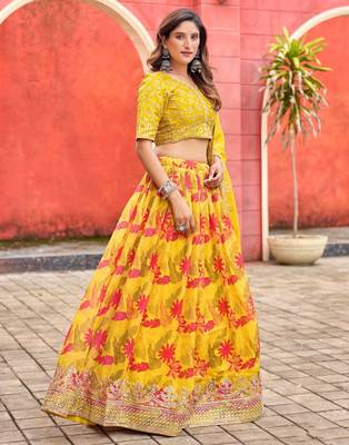 Mustard Taby Silk Print With Heavy Thread Embroidery Sequins Work Lehenga Choli 2