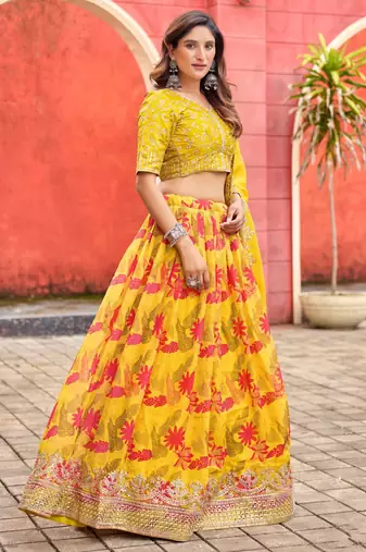 Mustard Taby Silk Print With Heavy Thread Embroidery Sequins Work Lehenga Choli