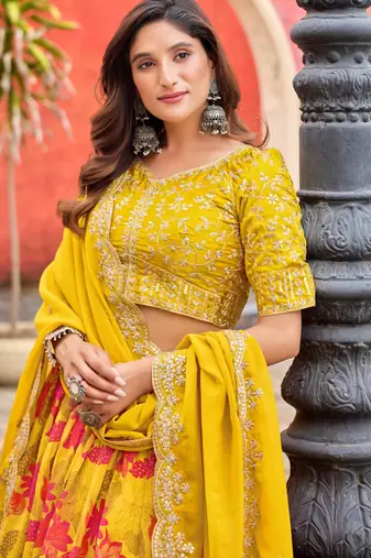 Mustard Taby Silk Print With Heavy Thread Embroidery Sequins Work Lehenga Choli