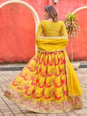Mustard Taby Silk Print With Heavy Thread Embroidery Sequins Work Lehenga Choli 4