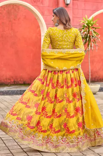 Mustard Taby Silk Print With Heavy Thread Embroidery Sequins Work Lehenga Choli