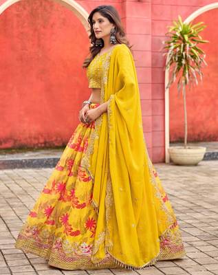 Mustard Taby Silk Print With Heavy Thread Embroidery Sequins Work Lehenga Choli 5