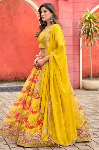 Mustard Taby Silk Print With Heavy Thread Embroidery Sequins Work Lehenga Choli