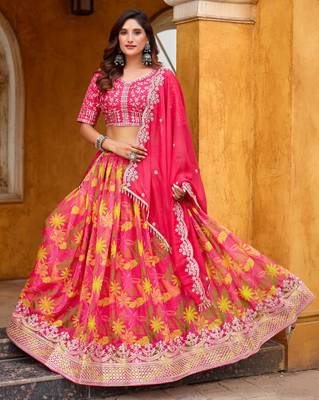 Rani Pink Taby Silk Print With Heavy Thread Embroidery Sequins Work Lehenga Choli 1
