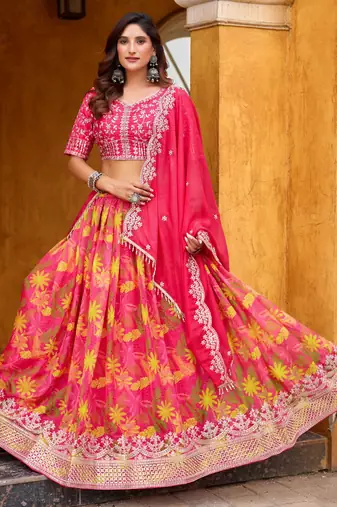 Rani Pink Taby Silk Print With Heavy Thread Embroidery Sequins Work Lehenga Choli