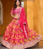 Rani Pink Taby Silk Print With Heavy Thread Embroidery Sequins Work Lehenga Choli