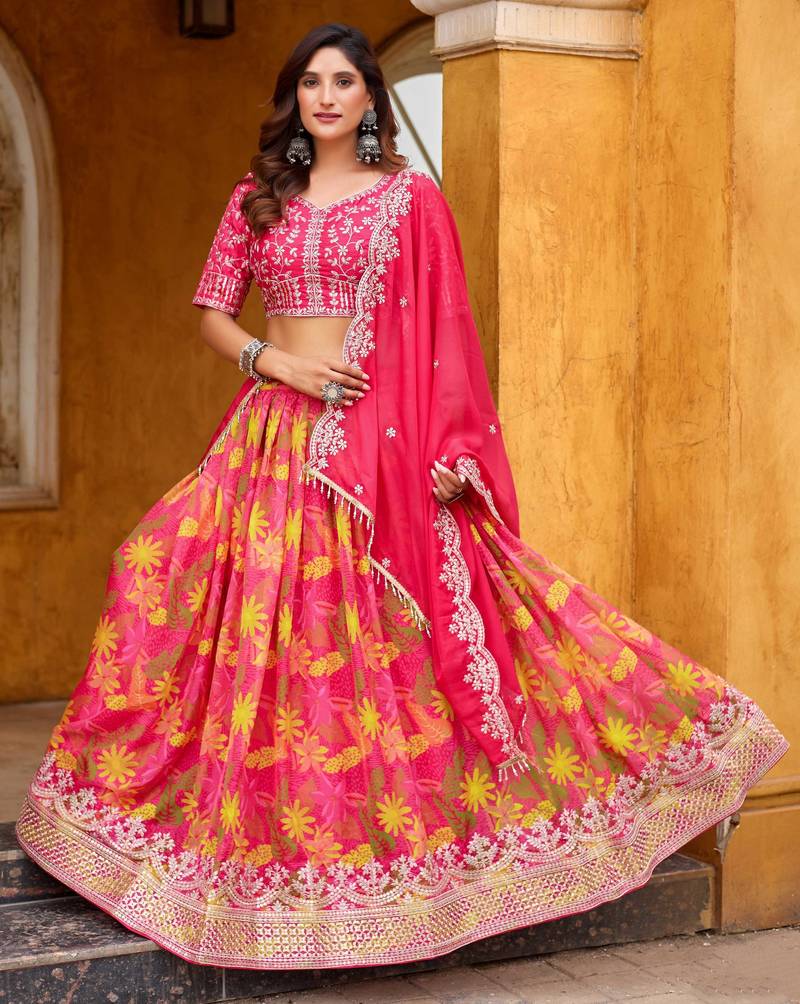 Rani Pink Taby Silk Print With Heavy Thread Embroidery Sequins Work Lehenga Choli