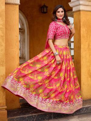 Rani Pink Taby Silk Print With Heavy Thread Embroidery Sequins Work Lehenga Choli 2