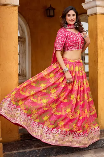 Rani Pink Taby Silk Print With Heavy Thread Embroidery Sequins Work Lehenga Choli