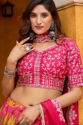 Rani Pink Taby Silk Print With Heavy Thread Embroidery Sequins Work Lehenga Choli