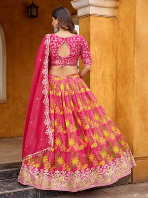 Rani Pink Taby Silk Print With Heavy Thread Embroidery Sequins Work Lehenga Choli 4
