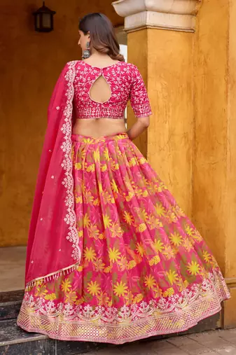 Rani Pink Taby Silk Print With Heavy Thread Embroidery Sequins Work Lehenga Choli